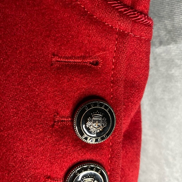 Vintage Guess Red Pea Coat Wool Blend Double Breasted Satin Lined Sz L Acadamia - Picture 8 of 11